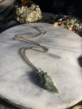 Green Agate Real Arrowhead Necklace - On a Silver 20” Chain